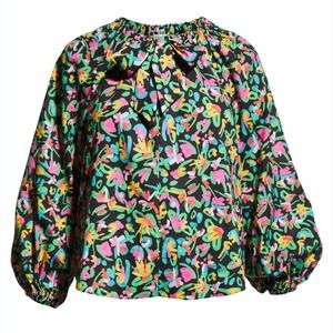 Tanya Taylor Womens Top Isla Painterly Puff Lantern Sleeve Multicolor Blouse M